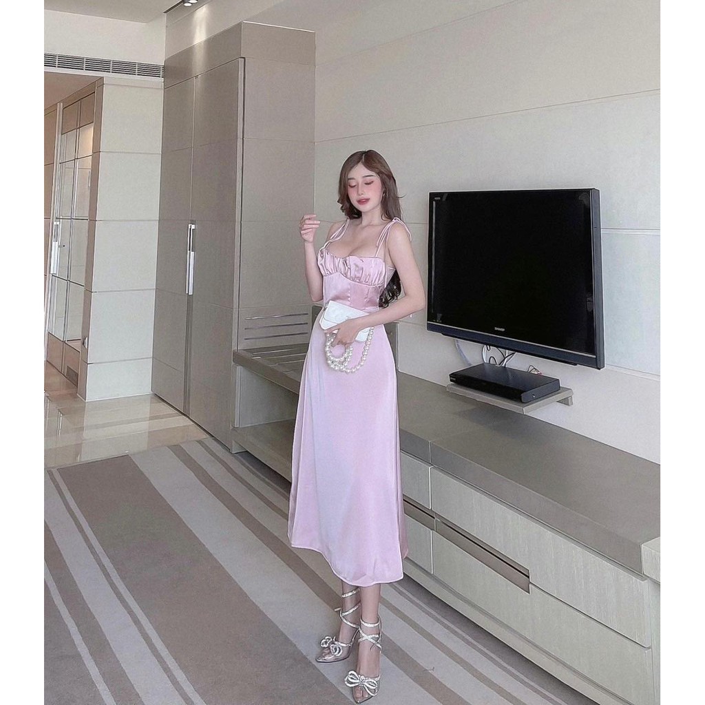 [HÀNG THIẾT KẾ CAO CẤP] Đầm Hai Dây Nhún Ngực Đi Tiệc Sang Trọng Màu Hồng