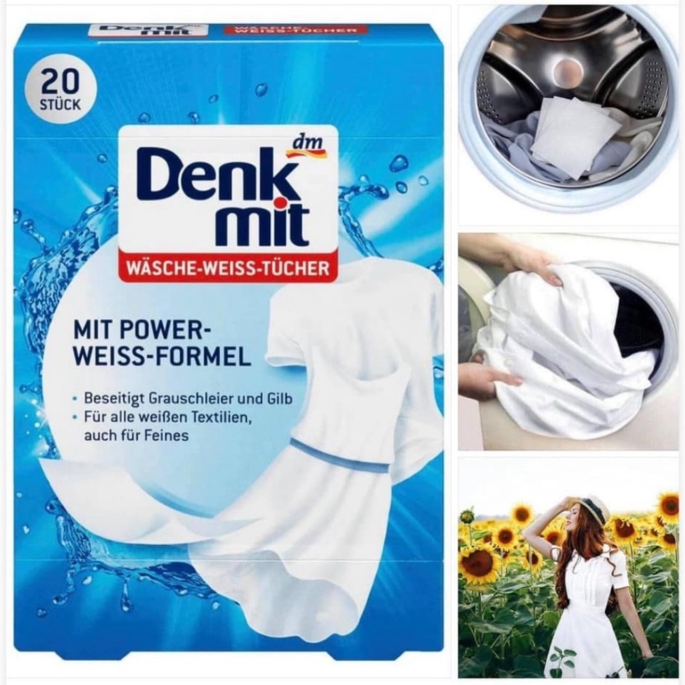 Tẩy Trắng Quần Áo Denkmit Wasche Weiss Tucher 20 miếng, làm trắng quần áo xỉn màu, đơn giản, hiệu quả, hàng nội địa Đức