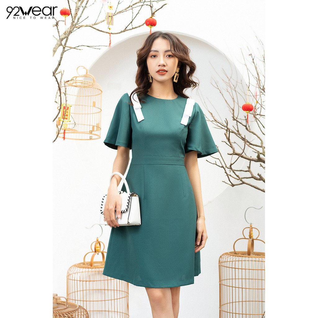 Đầm váy nữ công sở 92WEAR đủ màu, đủ size, ngắn tay phối viền ren DDW0583