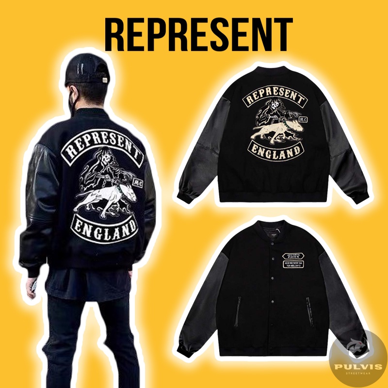- Áo Khoác REPRESENT Clo.SS21 Varsity Jacket, Áo khoác bomber varsity tay da