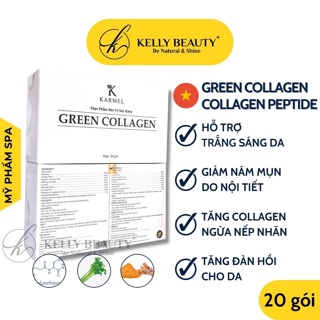 Green Collagen Sáng Da KARMEL – Cân Bằng Nội Tiết, Ngừa Mụn Nám; Tăng Collagen, Đàn Hồi & Săn Chắc Da | Kelly Beauty