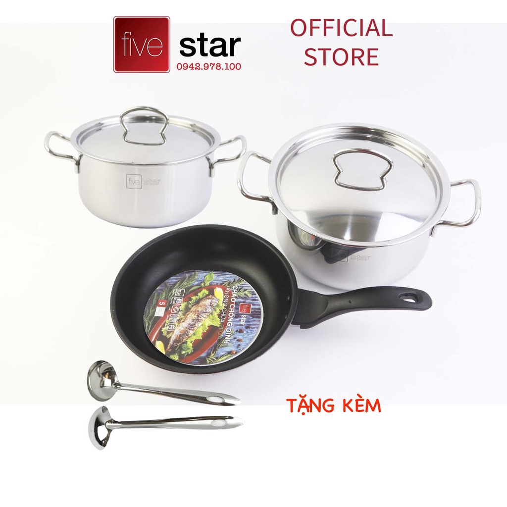 Bộ 2 nồi và 1 chảo chống dính  3 đáy từ inox 430 FiveStar Standard  nắp inox ( tặng 2 vá canh )