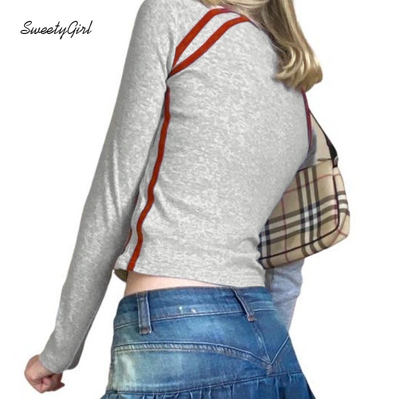 Áo Thun Tay Dài Cổ Tròn In Chữ Số Phối Màu Tương Phản Thời Trang 2022 Cho Nữ