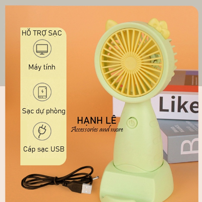 Quạt mini tích điện đeo cổ cầm tay có đế để bàn kèm theo giá đỡ điện thoại và dây đeo, nhỏ gọn dễ thương tai mèo dễ dàng