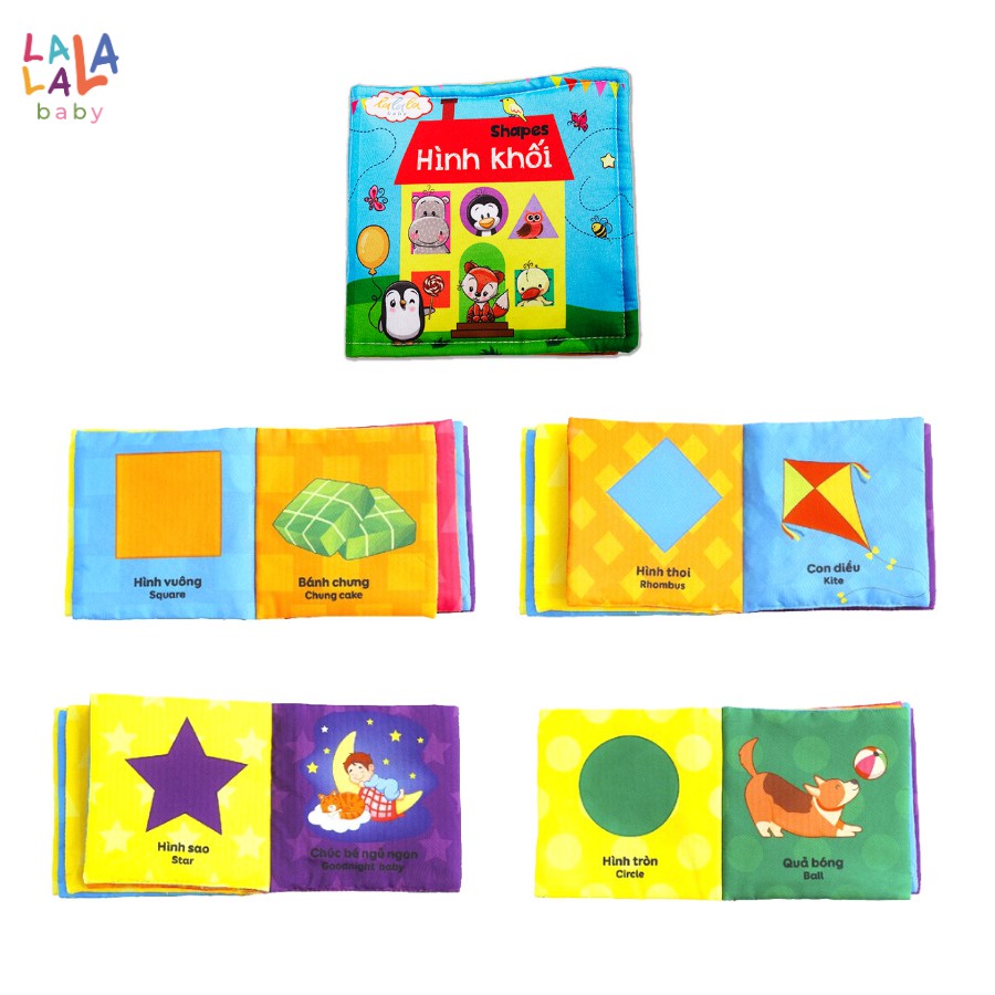 Combo 3 cuốn sách vải Lalala Baby kích thích đa giác quan, kích thước 15x15cm 12 trang (Hình khối, Số đếm, Chữ cái)