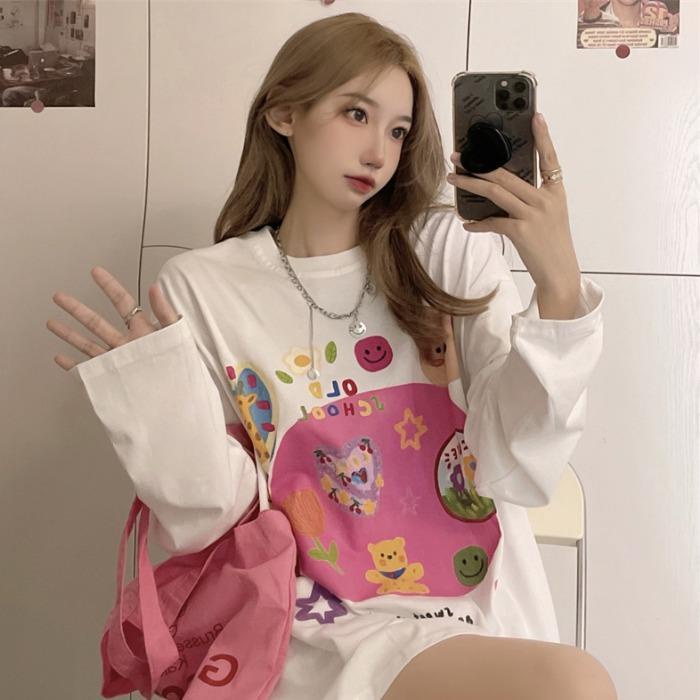 Jiashucheng Áo Thun Cotton Nguyên Chất Tay Dài Dáng Rộng In Họa Tiết Hoạt Hình Thời Trang Mùa Thu 2023