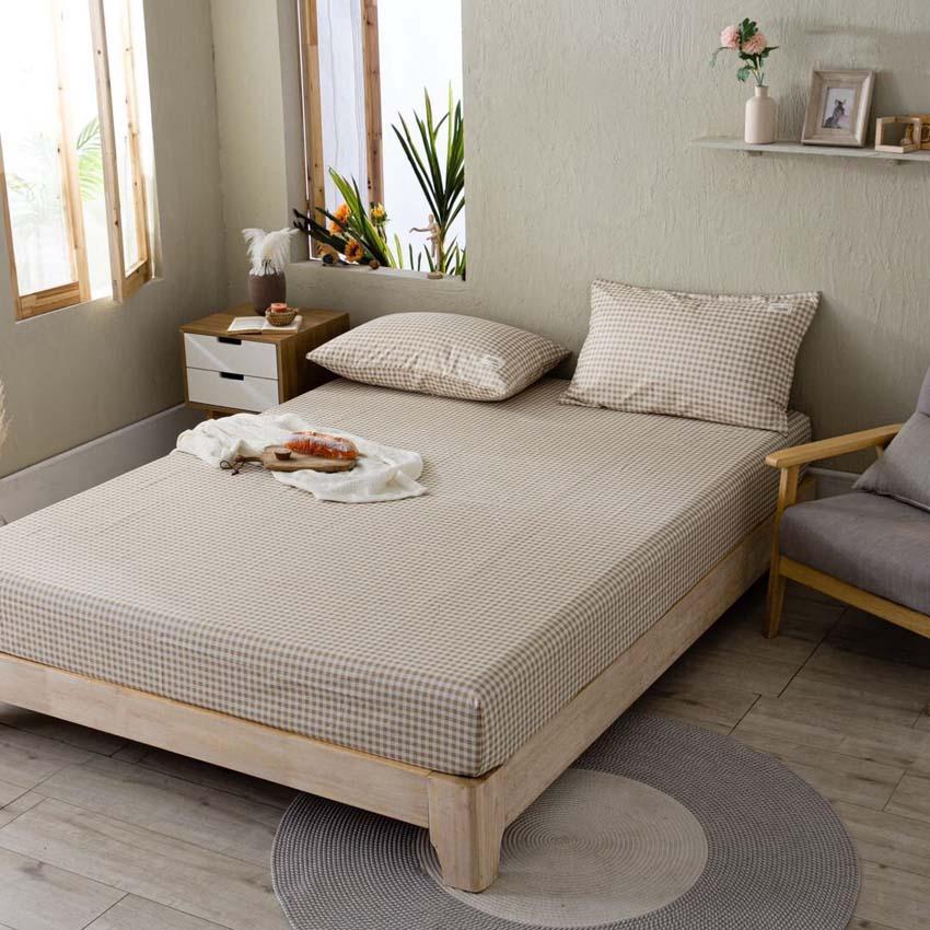 Bộ ga giường cotton Tici kẻ LIDACO caro nâu be đủ mọi kích thước nệm miễn phí bo chun