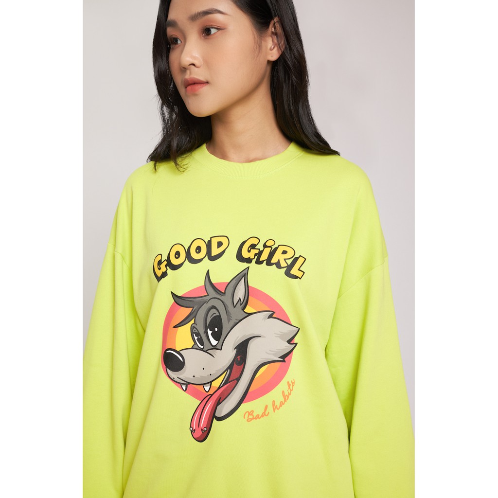 Áo Sweatshirt Nỉ Không Mũ Nữ BOO Dáng Oversize In Hình Mặt Cáo Kèm Chữ Good Girl Cá Tính