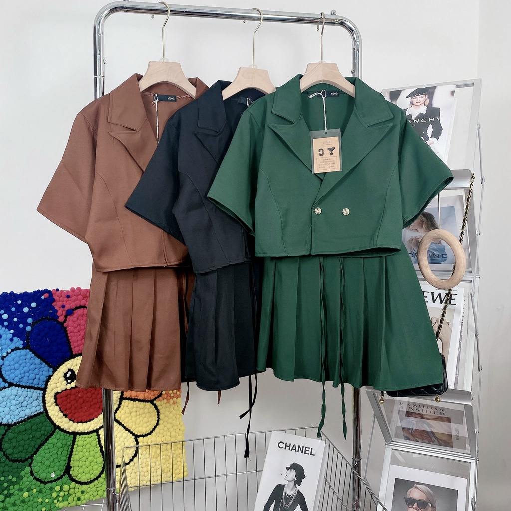 Set Áo Vest Croptop Cộc Tay Kèm Chân Váy Xếp Ly buộc dây hotgirl, chất tuyết mưa dày dặn có quần trong