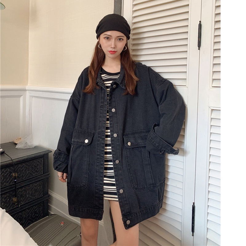 Áo khoác jean ulzzang denim nữ hottrend, áo khoát jacket nữ dài tay phối túi bự chất denim 8223