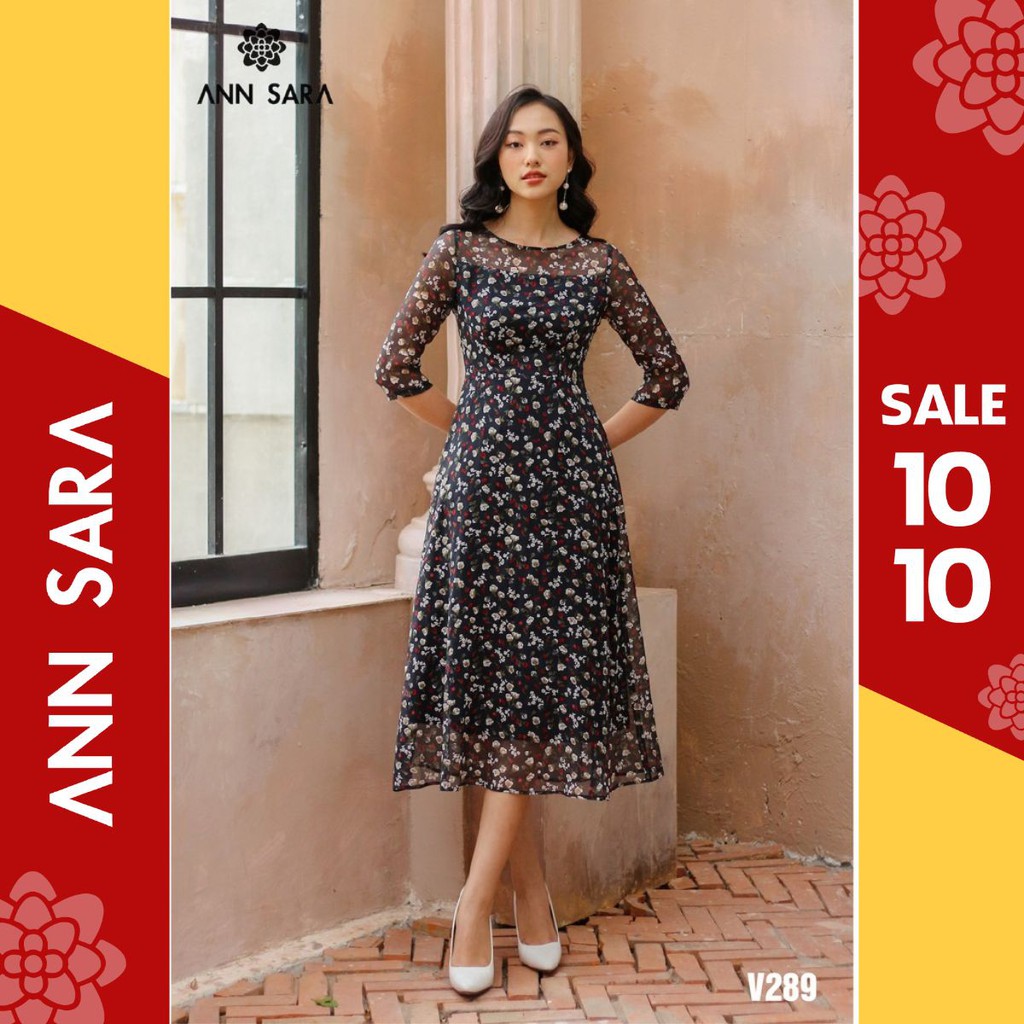 V289 - Đầm xòe tay lỡ hoa nhí đen ANN SARA