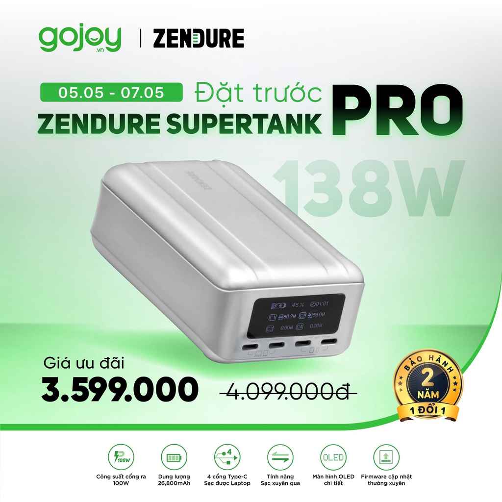 Pin dự phòng Zendure SuperTank Pro 100W PD | 4 USB-C | 26,800mAh | Chính hãng bảo hành 24 tháng