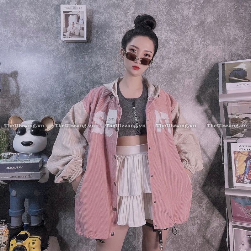 Áo khoác nhung tâm nút bấm form rộng nam nữ hàng quảng châu thêu AM F462 NÓN - NT1005