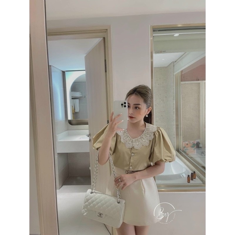 set áo sơ mi cổ ren kèm chân váy