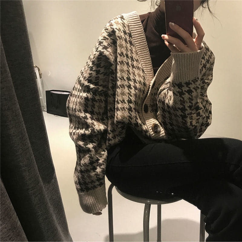 Áo khoác len cardigan thu đông họa tiết houndstooth
