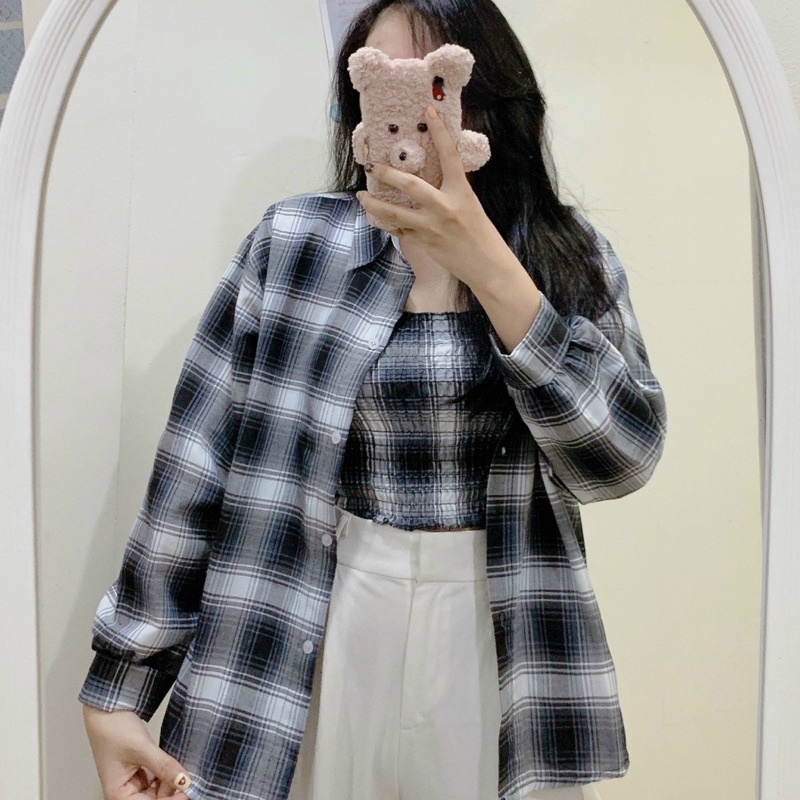 Áo Khoác Sơ Mi Caro và Áo Croptop Lót Trong, Chống Nắng Dài Tay Nhiều Màu Unisex Nam, Nữ-ASOMICROPTOP