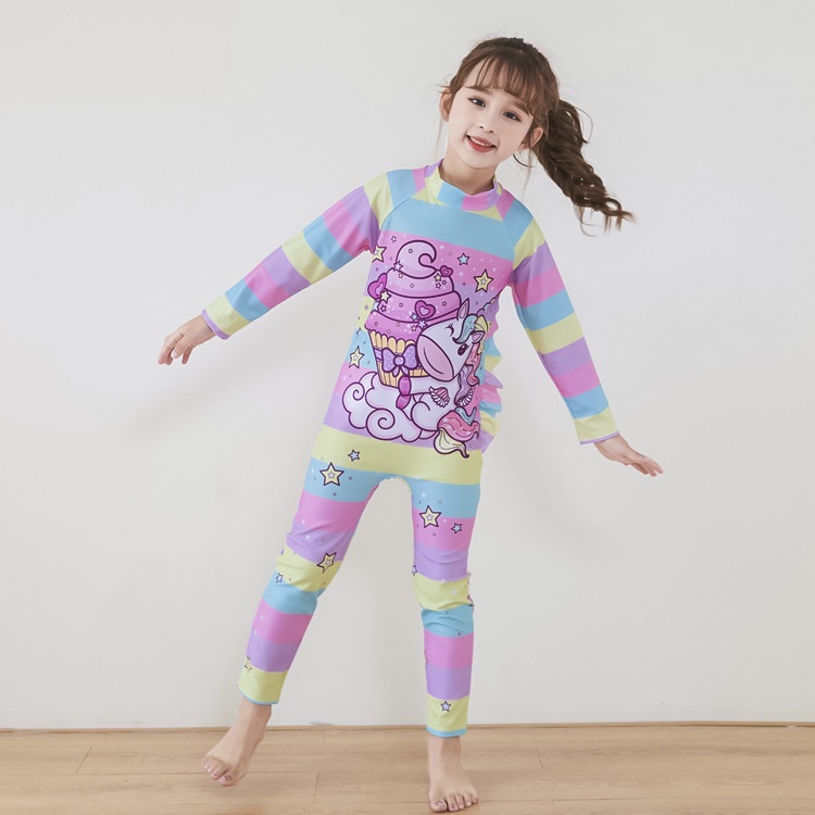 Đồ bơi trẻ em , đồ bơi bé gái | liền thân dài full body chống nắng bao gồm nón bơi họa tiết kỳ lân size cho bé đến 30kg