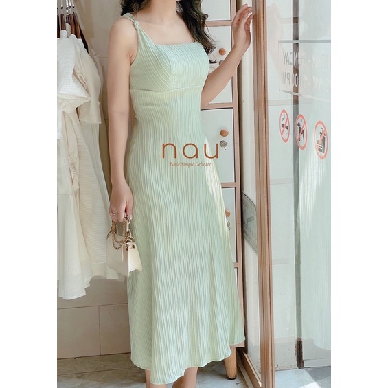 Đầm xanh mint 2 dây vải gân dáng midi | BigBuy360 - bigbuy360.vn