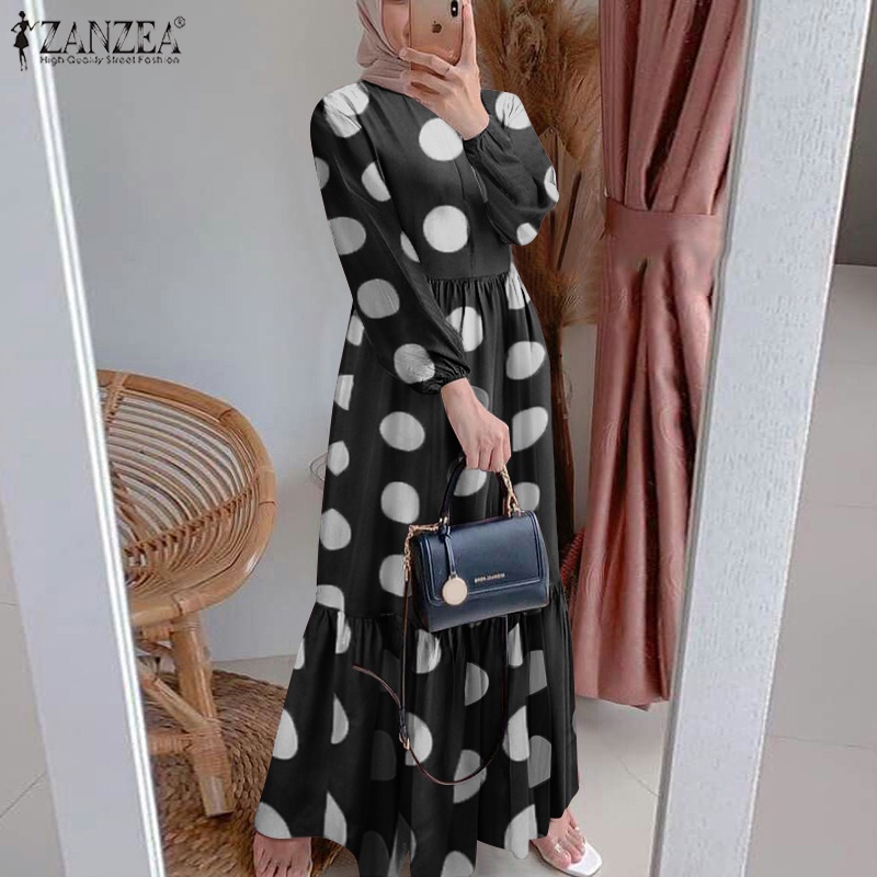 Zanzea Đầm Tay Dài Xếp Tầng Họa Tiết Chấm Bi Phong Cách Retro Thanh Lịch Dành Cho Phụ Nữ Hồi Giáo