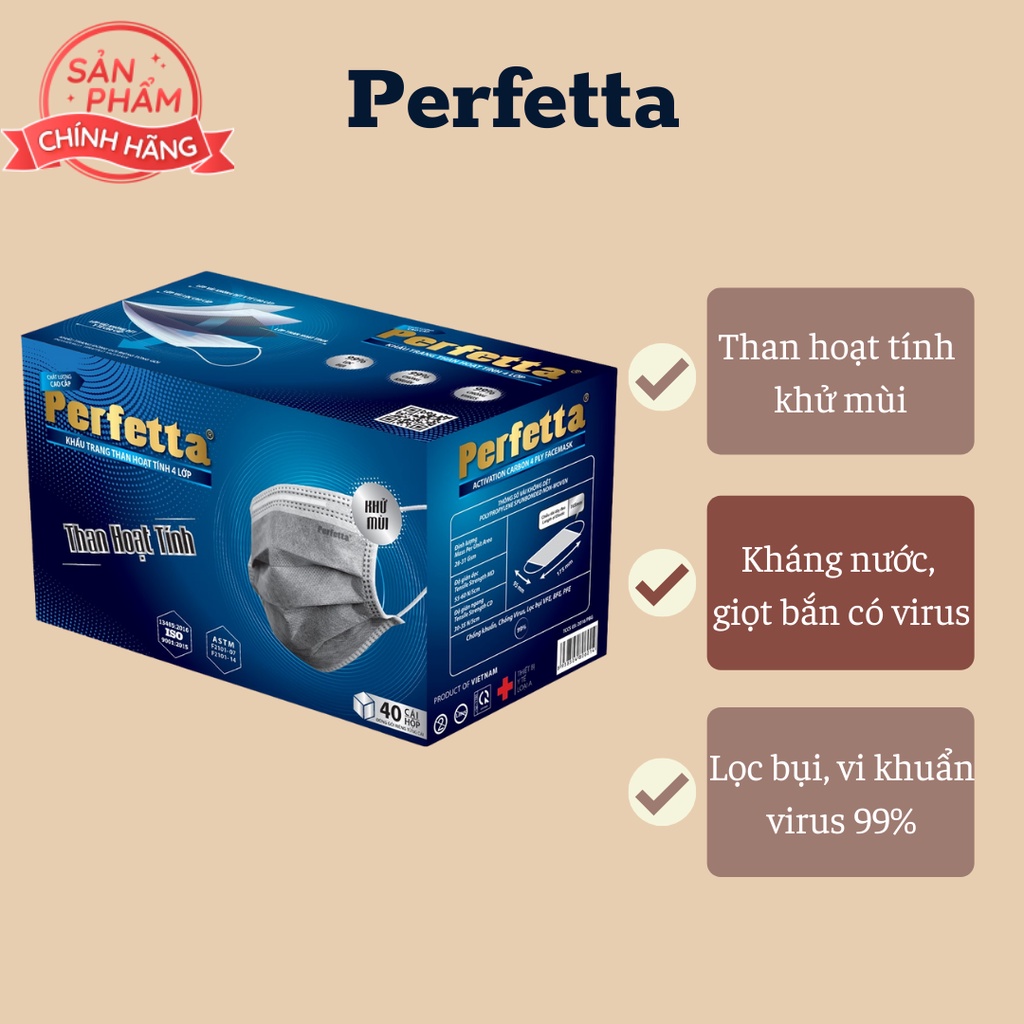 Khẩu Trang Y Tế Cao Cấp 4 Lớp Perfetta Carbon Than Hoạt Tính Khử Mùi, Đóng Gói Từng Cái - (40 cái/hộp)