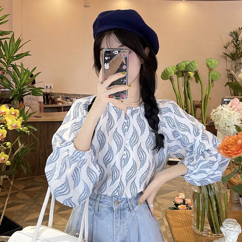 Áo dài tay dáng rộng in họa tiết phong cách retro ngọt ngào cho nữ