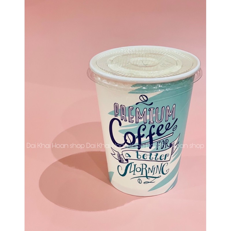 50 Ly Giấy In Hình Café  - màu Xanh 14oz – 360ml Có Nắp|Ly giấy cafe| Ly giấy in hình họa tiết dễ thương