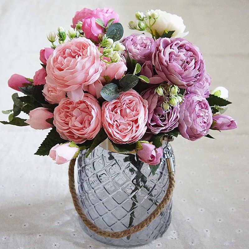 Hoa giả để bàn, bó hoa hồng Ecuador 5 bông 4 nụ kèm quả điểm 30cm trang trí nhà cửa sang trọng