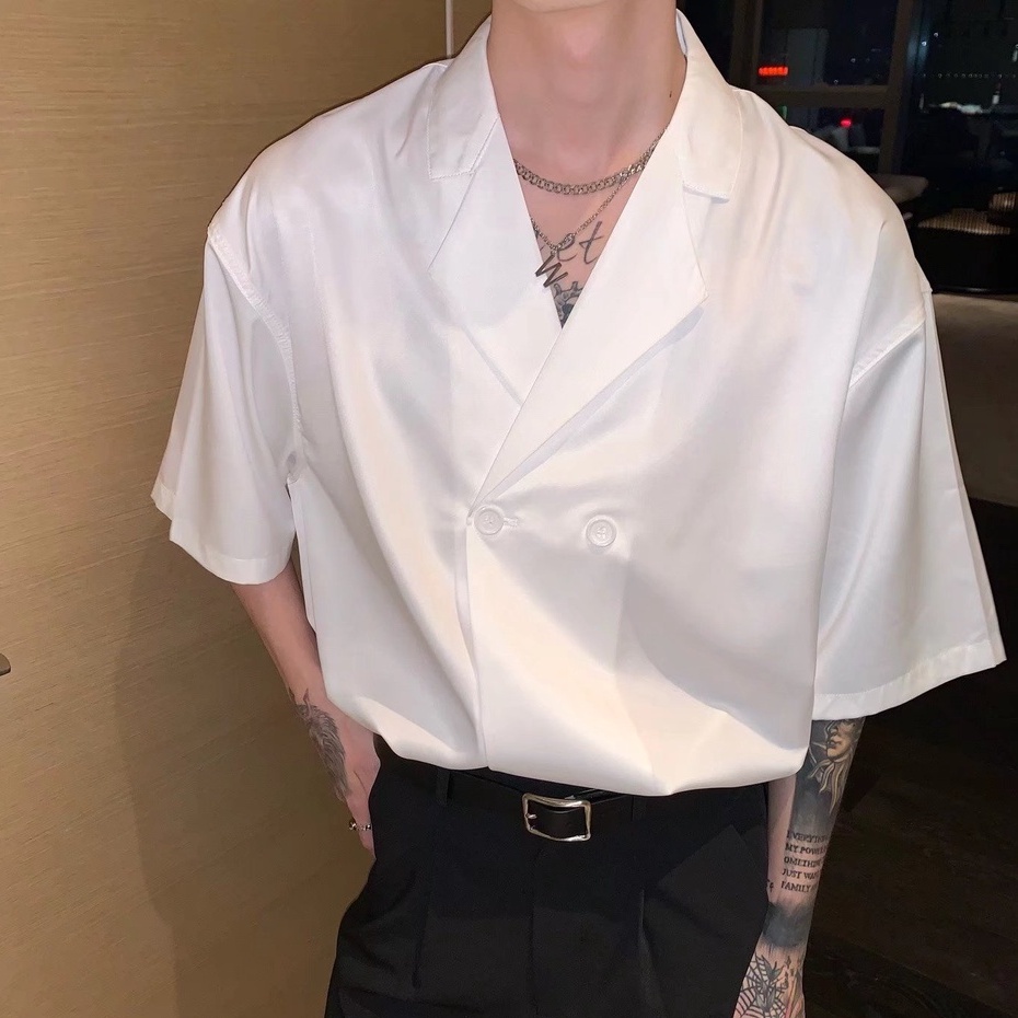 Áo Sơ Mi Tay Ngắn Vải Satin Thời Trang Mùa Hè Phong Cách Hàn Quốc Cho Nam