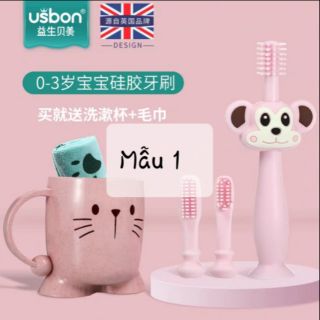 Bộ cốc và bàn chải đánh răng silicone cao cấp  Usbon cho bé tập đánh răng