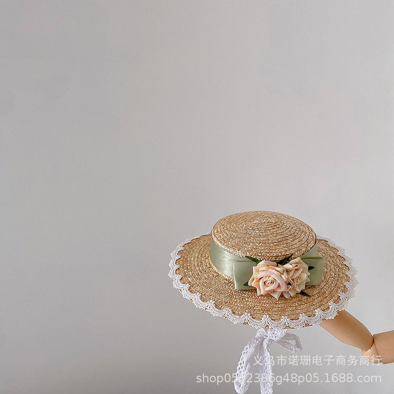 Mũ cói gắn hoa vintage cho bé gái