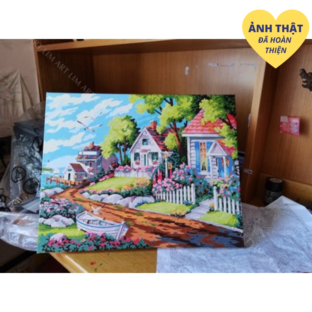 Tranh sơn dầu số hóa tự tô có khung chuẩn màu LIM Art - Tranh tô màu theo số hóa phong cảnh biển- Biệt thự ven biển