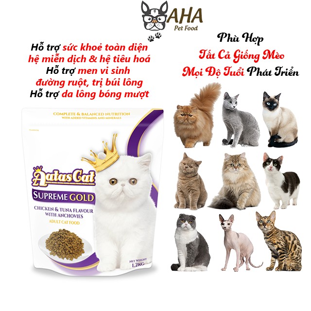 Thức Ăn Cho Mèo Aatas Cat Bao 1,2kg Vị Cá Hồi, Vị Cá Ngừ, Vị Gà Topping Thêm Cá Cơm Sấy Khô (Lông Mượt, Giảm Búi Lông)