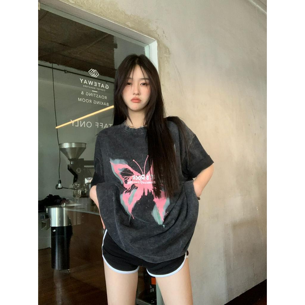 Áo Thun Cotton Ngắn Tay In Hình Bướm Đen Phong Cách Retro 63315