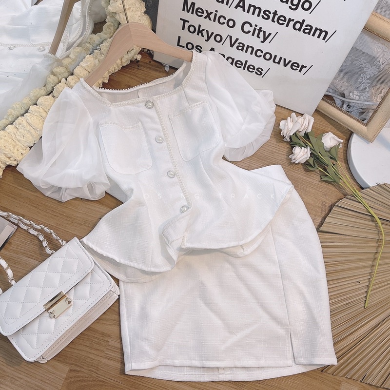 SET ÁO DẠ TAY PHỐI VOAN PEPLUM XOÈ NHẸ NÚT CỔ VIỀN REN + CHÂN VÁY XẺ