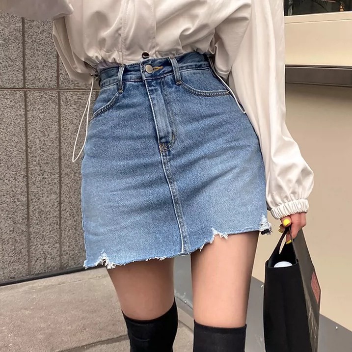 [60kg-90kg] Quần váy jeans BigSize co dãn mạnh phom chữ A, lưng cao trên rốn, có quần trong, màu xanh nhạt rách 4319