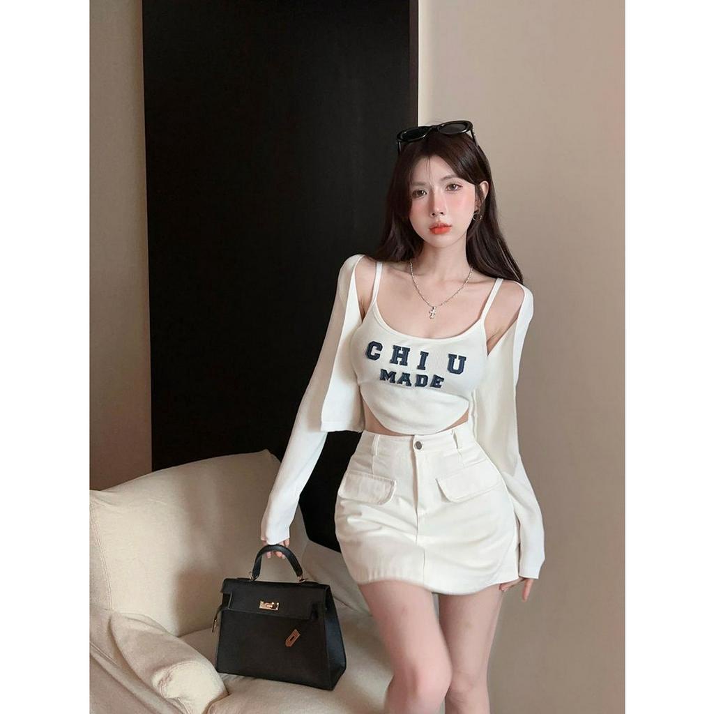 SET 3 MÓN CHỮ LAI BẦU: ÁO KHOÁC TAY DÀI + ÁO 2 DÂY CHỮ CROPTOP LAI BẦU + CHÂN VÁY (TH)