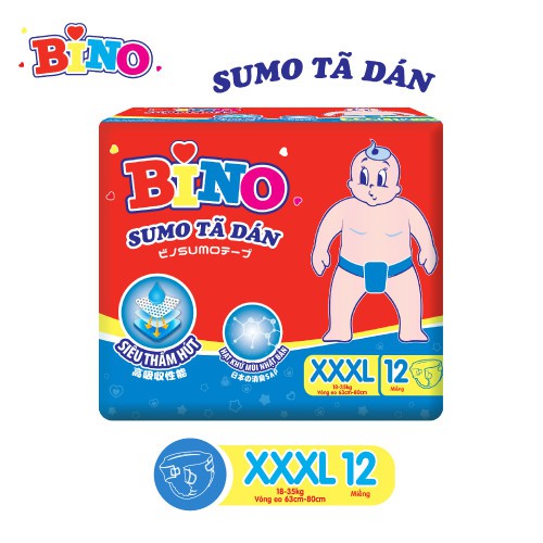 Tã dán Bino Sumo XXXL12 (Cho bé trên 18kg và người gầy) - Công nghệ Nhật Bản lõi siêu thấm hút