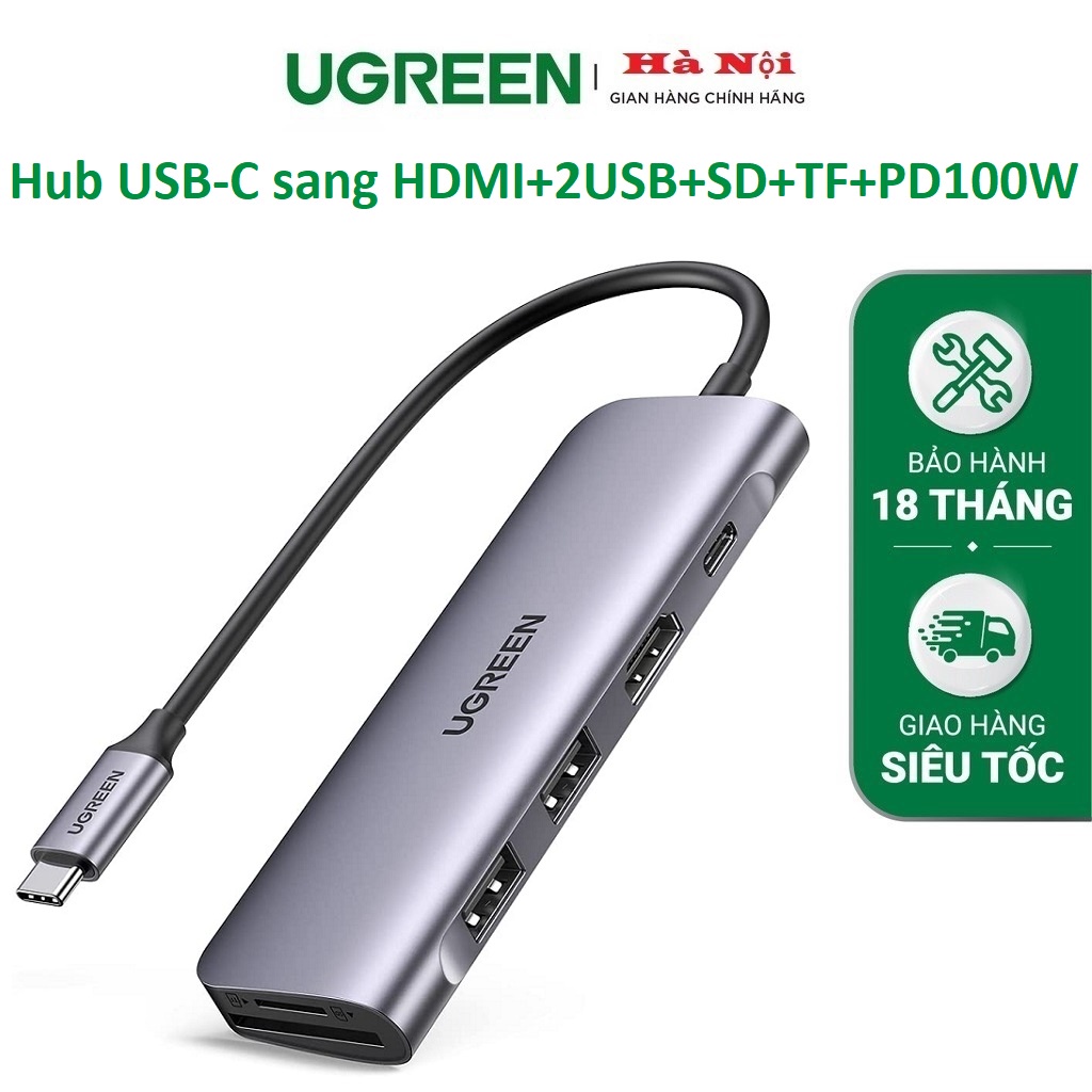 [6 IN 1] 70411 Cáp Chuyển USB Type C Sang 2xUSB 3.0+HDMI 30Hz+SD, TF+ PD Ugreen