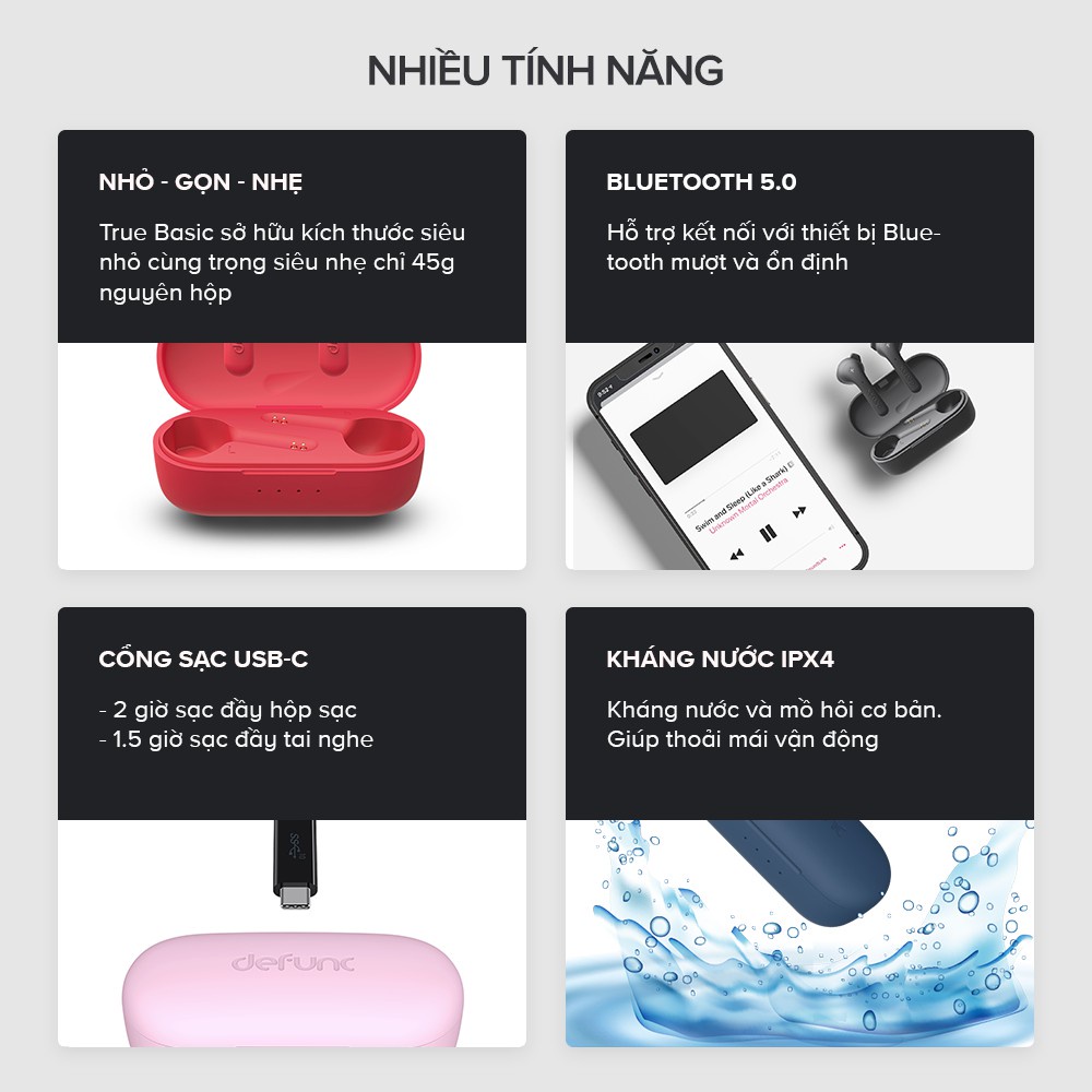 【Giao hàng nhanh】Tai Nghe True Wireless Defunc True Basic, BT 5.2, Cảm Ứng, Kháng Nước IPX4 - Chính Hãng BH 12 Tháng