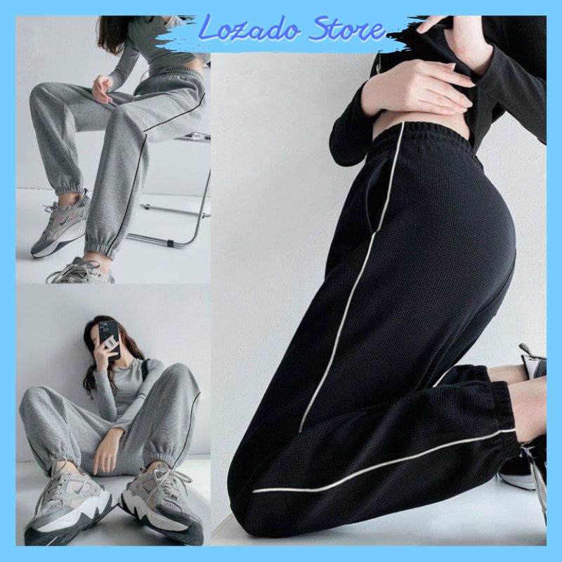Quần bom nữ LOZADO quần jogger nữ chất tổ ong dày dặn kẻ sọc viền trẻ trung - Q99
