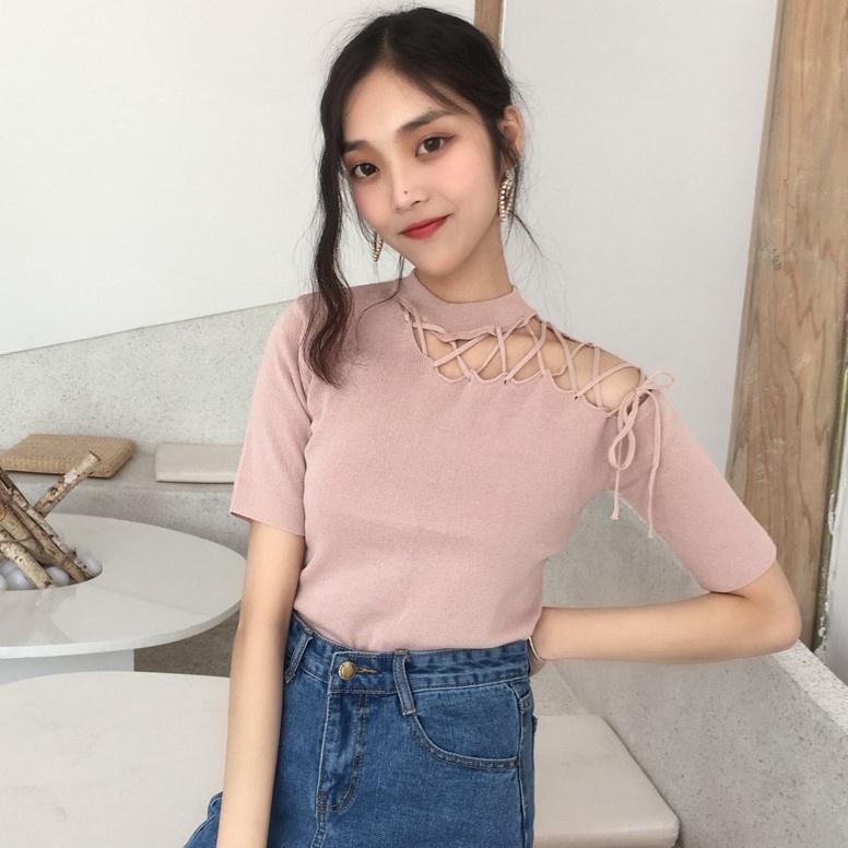 Áo Thun Đan Len Tay Ngắn Hở Vai Màu Trơn Thời Trang Dành Cho Nữ