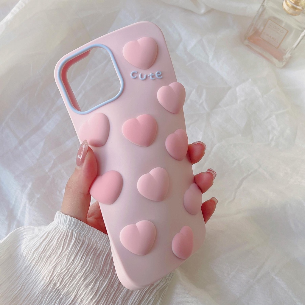 Ốp Điện Thoại Tpu Silicon Mềm Bảo Vệ Camera Hình Trái Tim 3D Màu Hồng Dễ Thương Cho iPhone 11 12 13Pro Max XS Max X XR 7 8 Plus