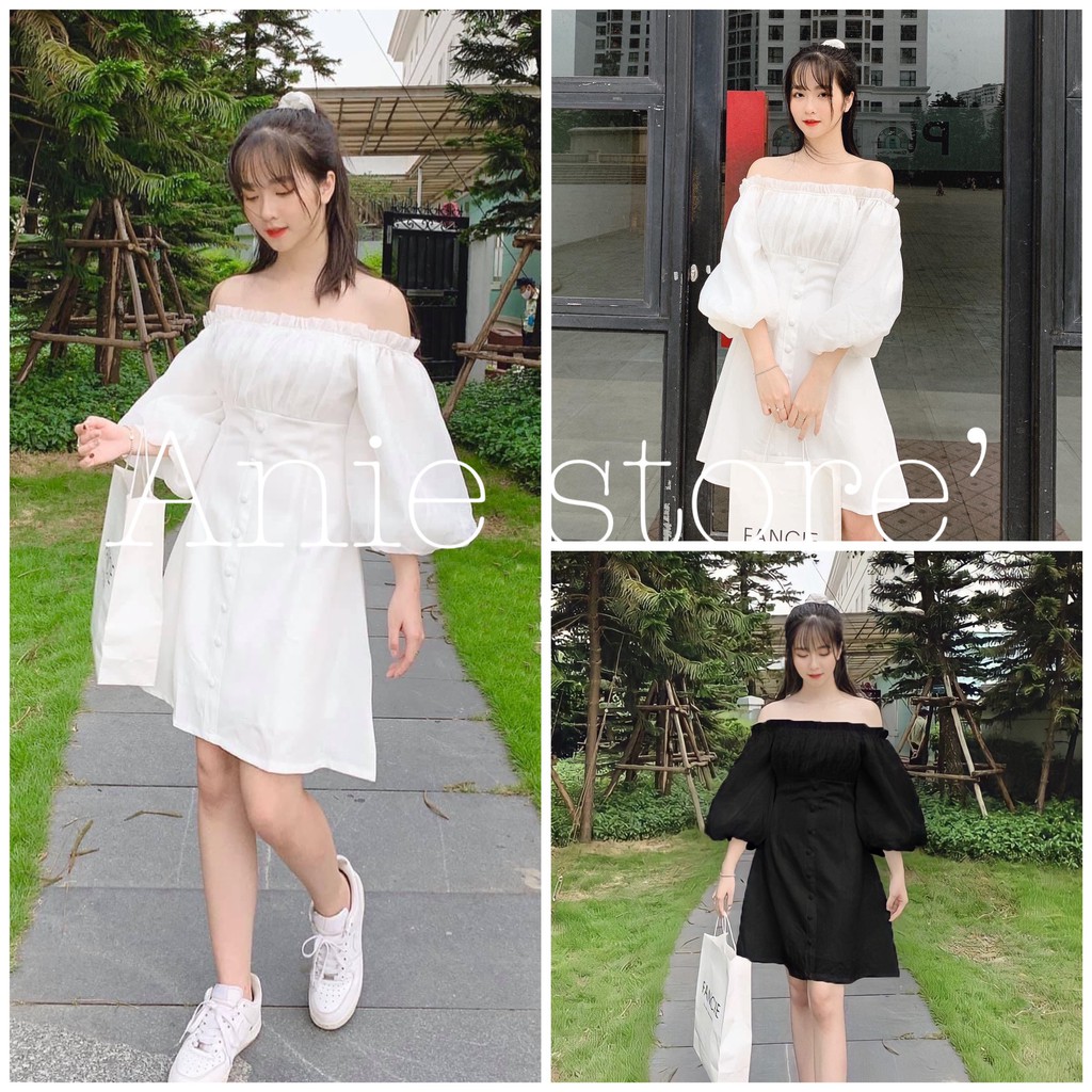 Đầm Nữ Voan Trễ Vai Tay Phồng 🦋 Váy Nữ Triết Eo Dáng Lỡ 2 Màu 🦋