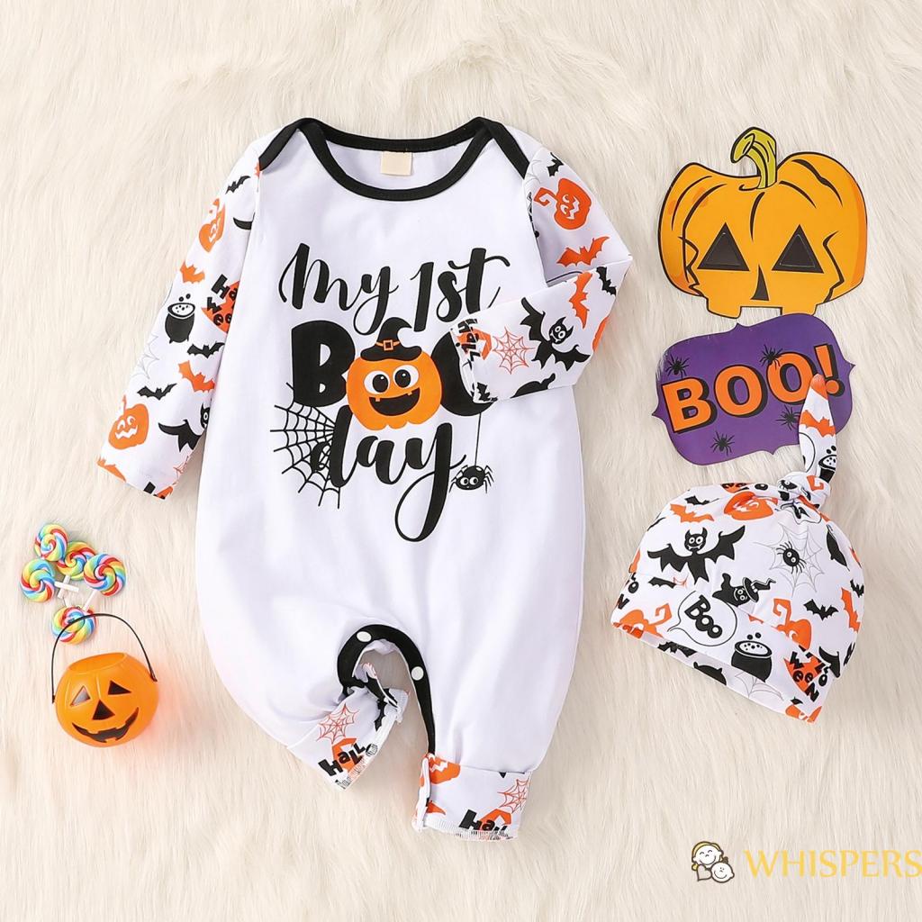 Áo Liền Quần Dài Tay Cổ Tròn Kèm Nón Họa Tiết Hoạt Hình Phong Cách Halloween Cho Bé