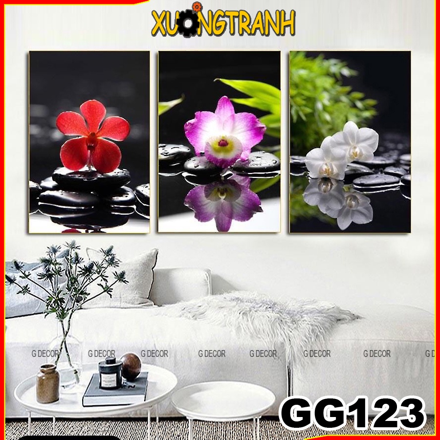 Tranh treo tường canvas 3 bức phong cách Bắc Âu 123, tranh hoa sen trang trí phòng khách, phòng ngủ, phòng ăn