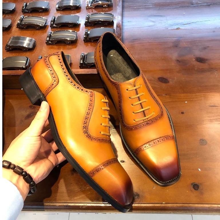 Giày da nam ERMAND cao cấp đế gỗ phíp da bò thật bh 1 năm kiểu dáng oxford - Mã T150
