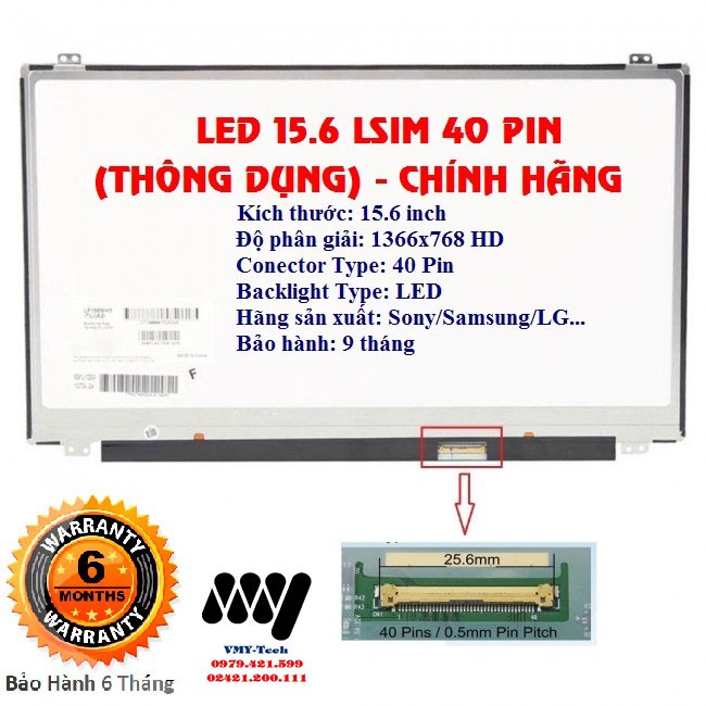 Màn hình laptop 15.6 Led Mỏng SLIM 40 Chân - 40 PIN thay thế cho laptop HP Dell Sony Samsung Acer Asus