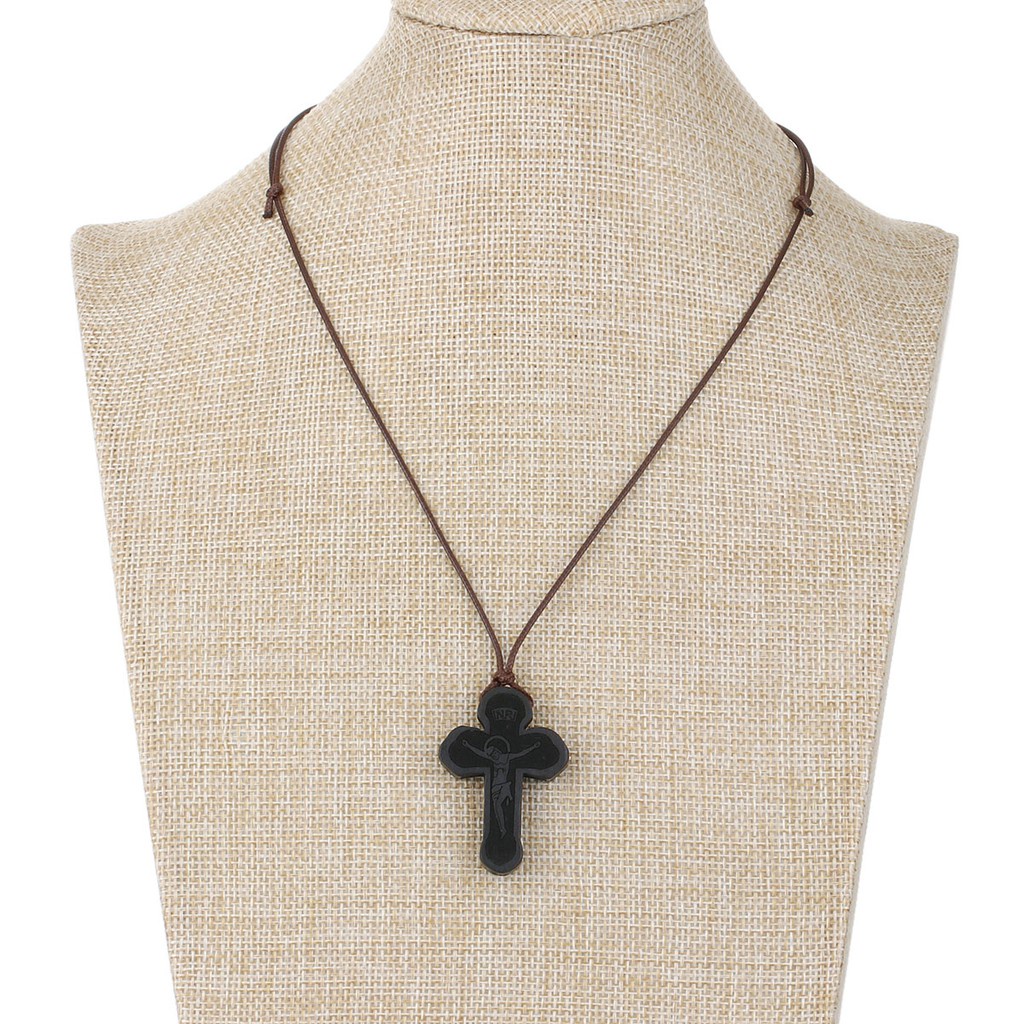 Dây chuyền da mặt gỗ đỏ/ đen hình thánh giá thiết kế thời trang