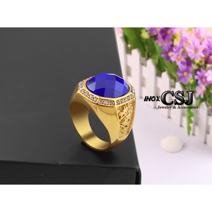 NHẪN NAM INOX MẠ VÀNG 2 BÊN CON RỒNG ĐÁ XANH DƯƠNG siêu đẹp - tặng hộp đựng xinh xắn