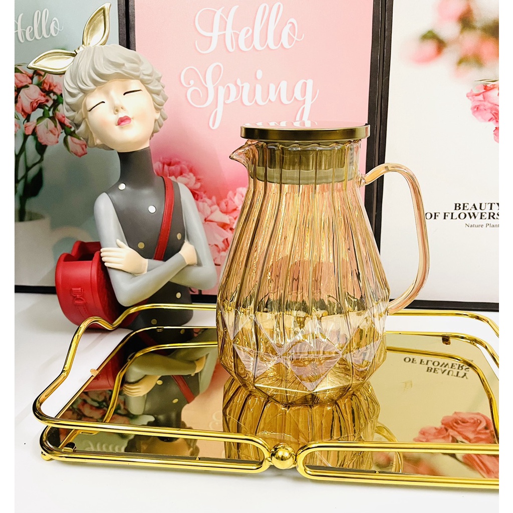 (SALE) Bình Đựng Nước 1.8Lít Thủy Tinh Chịu Nhiệt 400 độ C, Bình Thủy Tinh Chịu Nhiệt Màu Vàng Mẫu 3